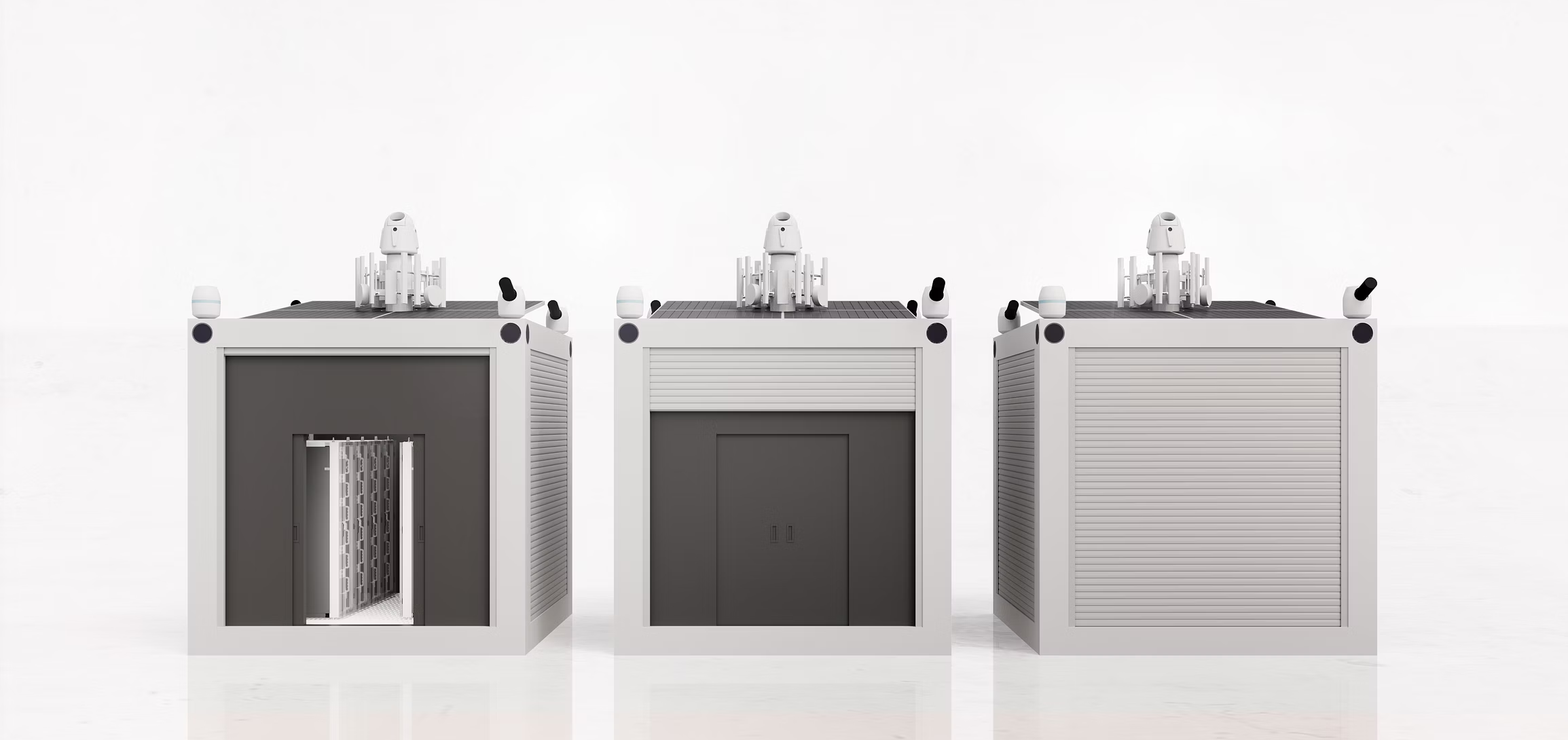 Three Hypercube units — open rack interior, half-raised shutter, and sealed enclosure
